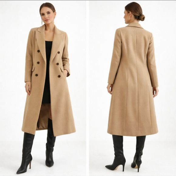 SHEIN Jackets & Blazers - Camel Double Breasted Longline Coat Wool Look S